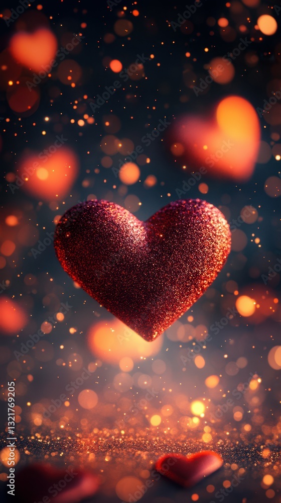 Poster shimmering red heart with golden bokeh lights creating a romantic atmosphere in the background