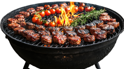 Culinary Celebration: A high-angle perspective captures the vibrant scene of a barbeque, featuring juicy cuts of meat and fresh vegetables grilling over an open flame.