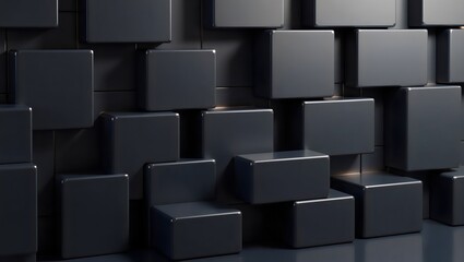 Sleek Dark Cubic Tiles with Dimensional Arrangement. Modern Black 3D Blocks Showcasing Abstract Geometry.