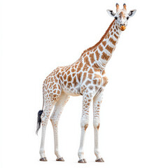 Fototapeta premium tall and elegant giraffe stands isolated on white background, showcasing its unique pattern and long neck