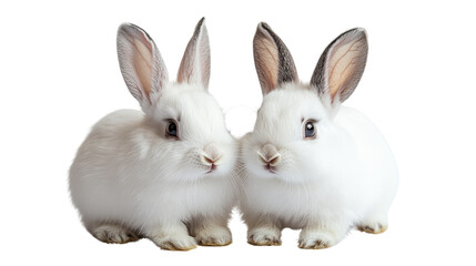 Fototapeta premium Cuteness Overload: Two adorable rabbits sit side by side, their fluffy white fur and long ears creating a picture of pure innocence and charm, ready to melt your heart.