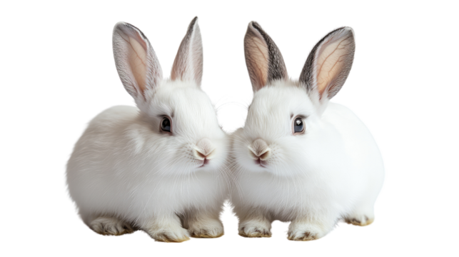 Cuteness Overload: Two adorable rabbits sit side by side, their fluffy white fur and long ears creating a picture of pure innocence and charm, ready to melt your heart.