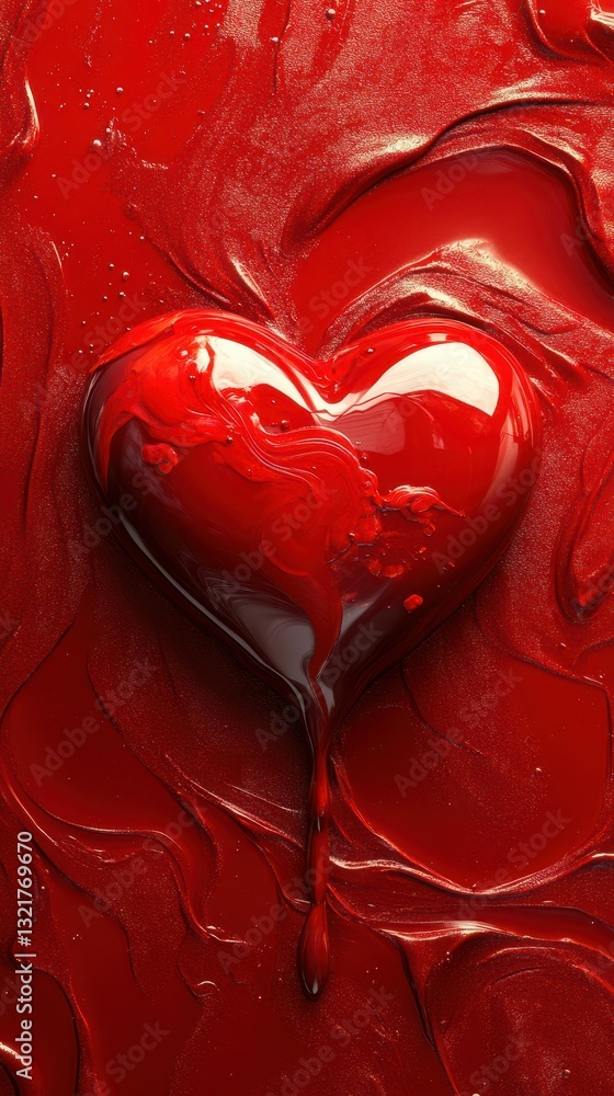 Poster vibrant red heart shape dripping on glossy red surface creating an artistic display of love and emot
