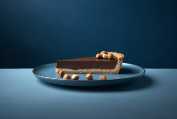 slice of chocolate tart with nuts on an empty blue plate, against a gray background
