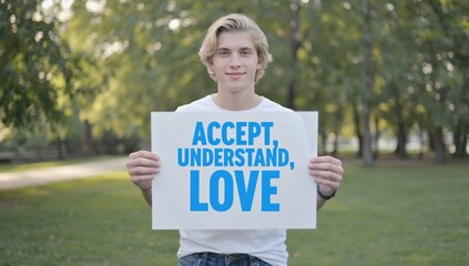 A blonde young man in a white shirt holding a large sign that says "Accept, Understand, Love," standing in a park.

