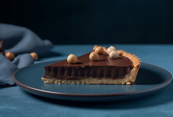 slice of chocolate tart with nuts on an empty blue plate, against a gray background