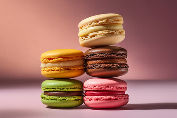 group multi colored macaroon cakes in stacks on a light background