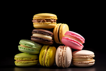 Many multi colored macaroon cakes in stacks on a black background