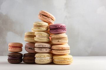 Many multi colored macaroon cakes in stacks on a light background