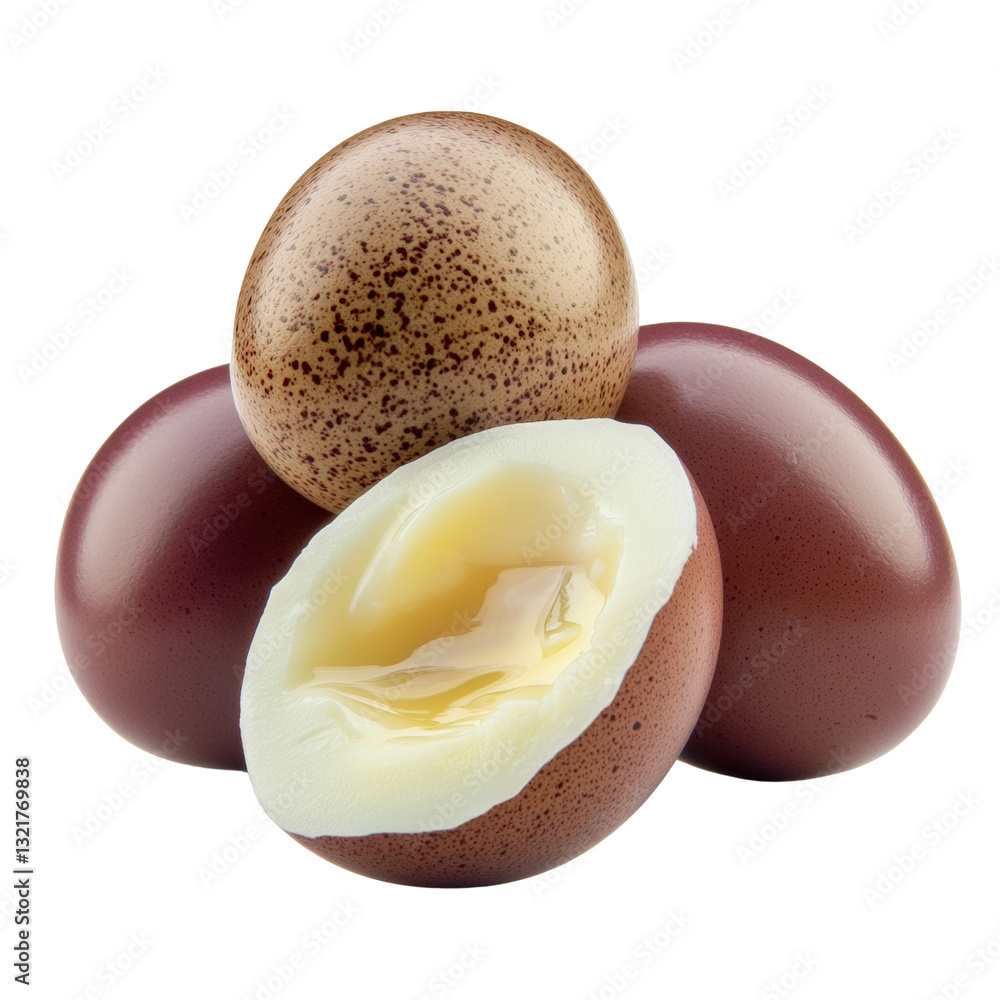 Poster two hard-boiled eggs sitting on a white plate showcasing their smooth shells and simple culinary pre