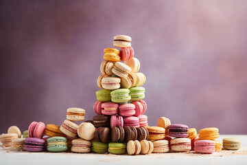 Many multi colored macaroon cakes in stacks on a light background