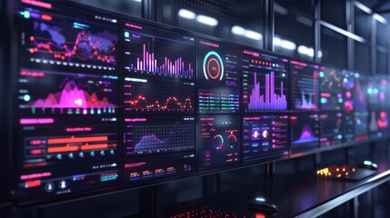 Brightly colored graphs and charts illuminate the walls of a modern control room, highlighting data trends and analytics during nighttime. The environment reflects advanced technology.