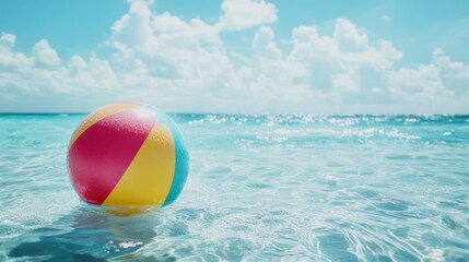 Obraz premium Colorful beach ball in shallow water, sunny sky, vacation, relaxation