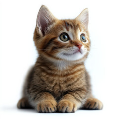 Fototapeta premium cute tabby kitten with striking green eyes sits attentively on white background, showcasing its detailed fur pattern and curious expression