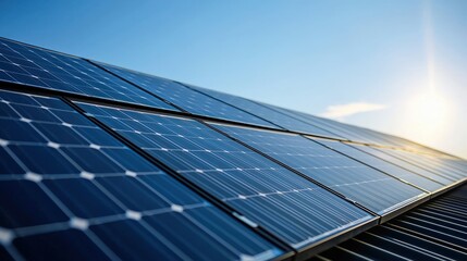 Obraz premium Rows of solar panels gleam under a blue sky, representing sustainable energy and innovation. Suitable for environmental, technology, and construction industries.