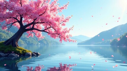 Serene Lakeside Blossom A Pink Cherry Tree in Full Bloom, Petals Gently Falling on Calm Water, Majestic Mountains in the Background