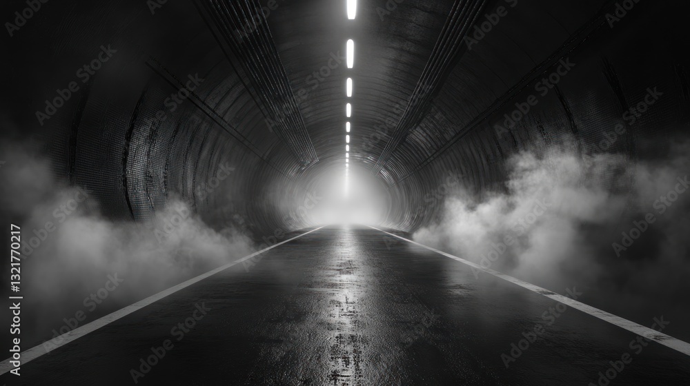 Poster dark tunnel road with fog and light at the end.