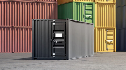 Black and colored steel cargo container standing in port mockup