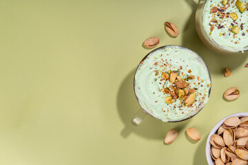 Vegan pistachio milk coffee latte. Iced and hot coffee drinks with plant based whipped pistachio...
