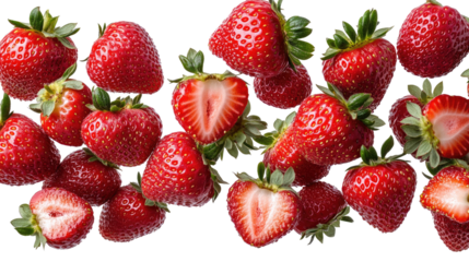 Red Berries: A delightful array of fresh, ripe strawberries, some whole and some sliced, bursting with vibrant red hues and green leaves, perfect for illustrating the freshness of the season.