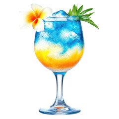 Tropical Paradise Cocktail: A vibrant cocktail, beautifully layered with a mix of blue and orange hues, adorned with a delicate tropical flower and fresh green leaves.
