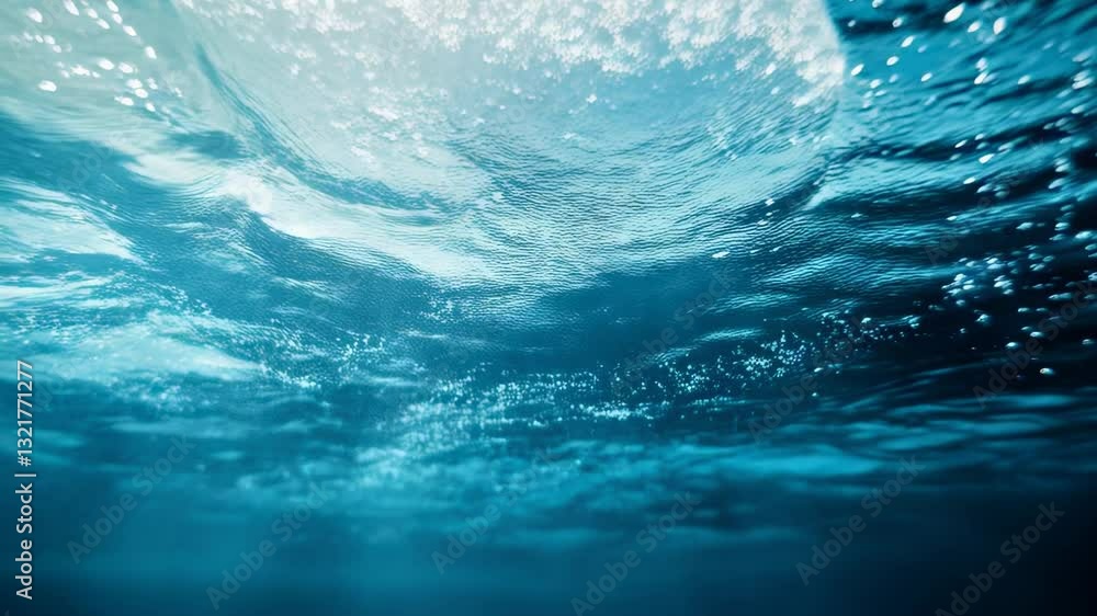 Poster underwater view showcasing shimmering waves and bubbles in a tranquil ocean environment during dayli