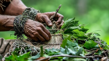 Tribal member weaving traditional craft forest close-up natural environment artistic perspective cultural heritage