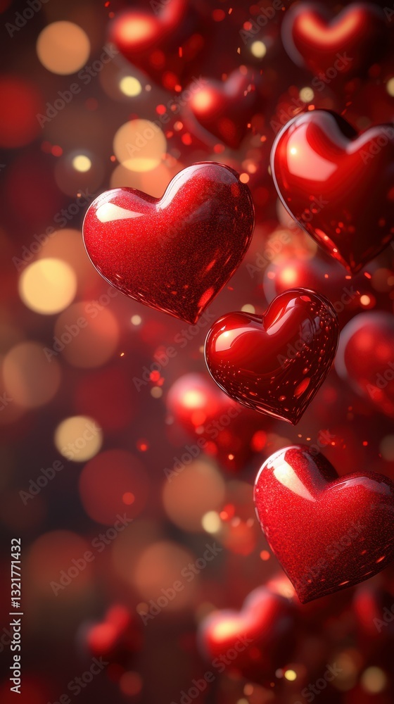 Poster romantic red hearts floating against a softly blurred background with warm bokeh lights during a fes