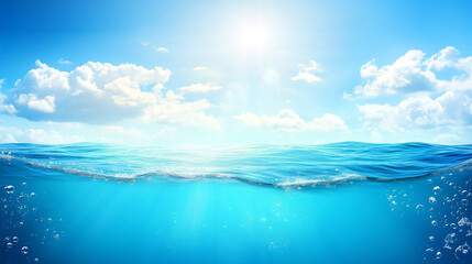Sea and sky, underwater scene. Summer, vacation, holiday concept, travel mockup. World water day.