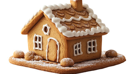Gingerbread House Delight: A charming, intricately crafted gingerbread house sits atop a snow-dusted cookie base, adorned with white icing details and miniature candies.
