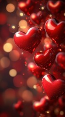 Romantic red hearts floating against a softly blurred background with warm bokeh lights during a festive celebration or anniversary