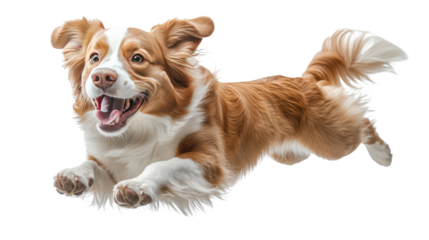 Joyful Canine Flight: A vibrant shot captures a medium-sized dog mid-air with an ecstatic expression and dynamic pose, representing sheer happiness and boundless energy