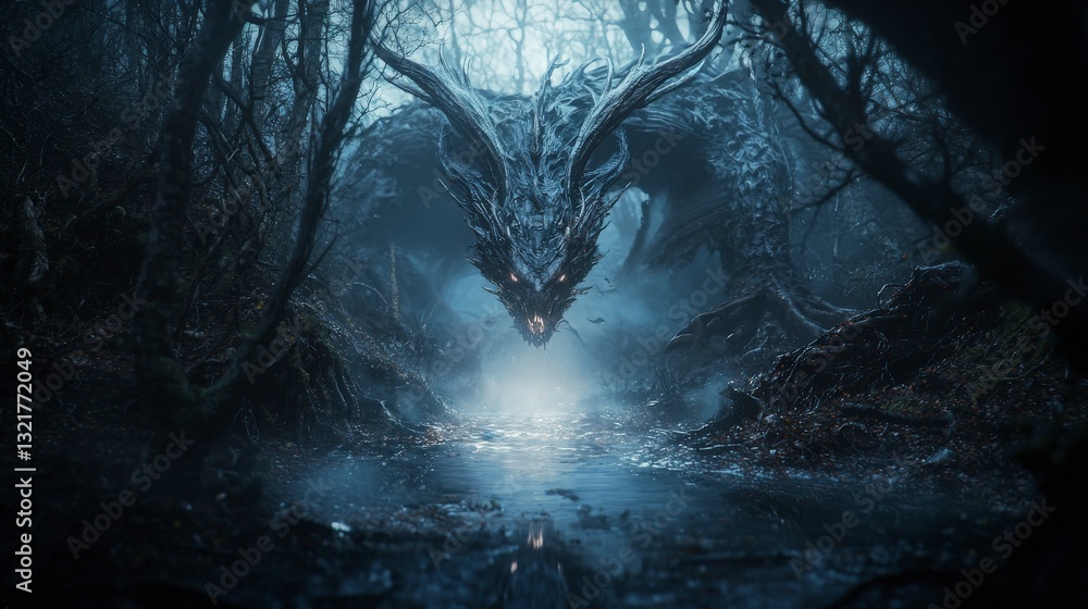 Poster dramatic scene featuring a dragon facing obstacles in a mysterious forest fantasy art dark environme