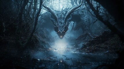 Fototapeta premium Dramatic scene featuring a dragon facing obstacles in a mysterious forest fantasy art dark environment low angle view