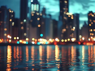 Motion Blurred Cityscape with Reflected Lights on Tranquil Body of Water at Dusk