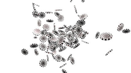 Flying black casino chips, casino chips in zero gravity on transparent png background.