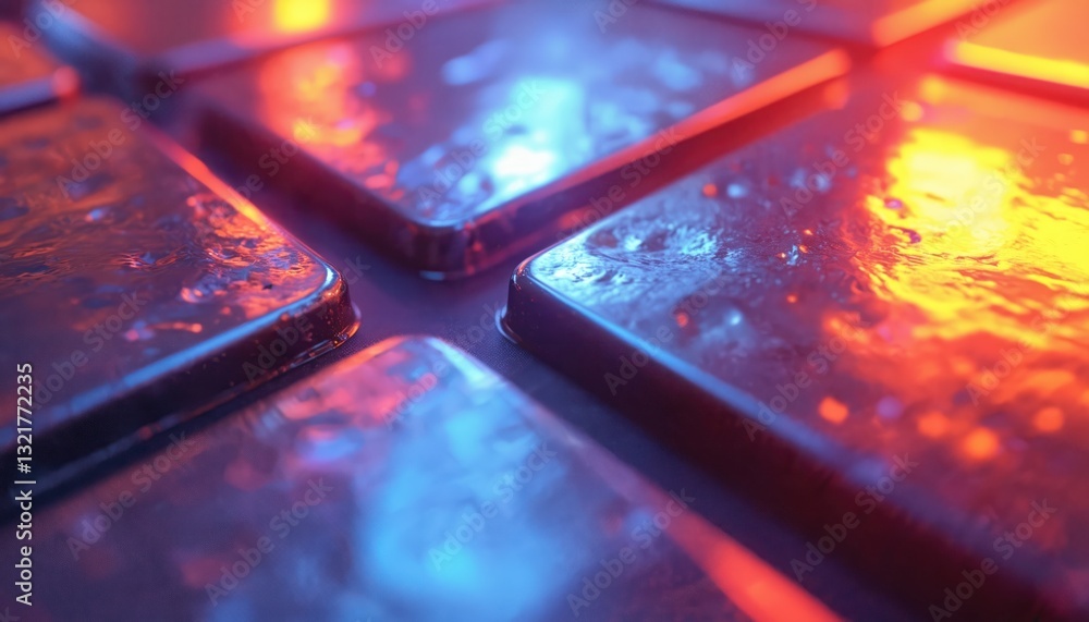 Aufkleber macro of wet square tiles illuminated with blue, red, yellow light. reflective metallic surface with