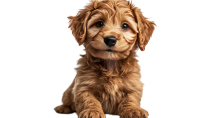 Golden Doodle puppy: This charming Golden Doodle puppy, with its fluffy, auburn fur and endearing gaze, sits and offers a heartfelt invitation for connection and a reminder of the simple joys in life.