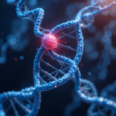 Blue 3d DNA molecule helix with red spot. DNA damage, gene editing, genetic mutation, genetic biotechnology engineering concept. Low poly futuristic style