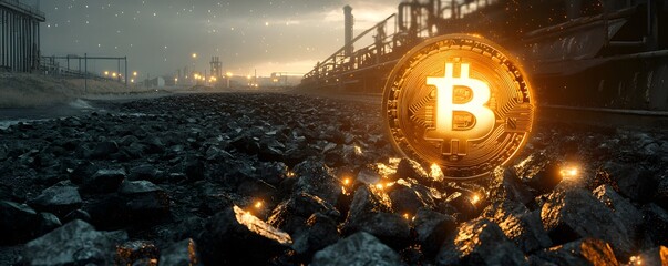 Golden bitcoin lies amongst coal on an industrial background