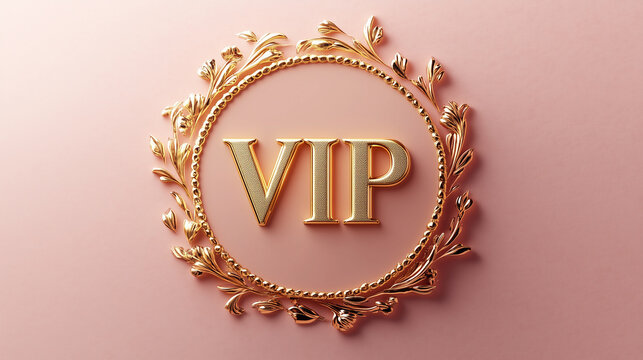 Stylish golden VIP emblem adorned with leaves, conveying elegance and sophistication on a soft pink background