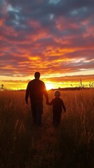 Sunset Stroll in a Grassy Field Creates a Moment of Connection Between Parent and Child