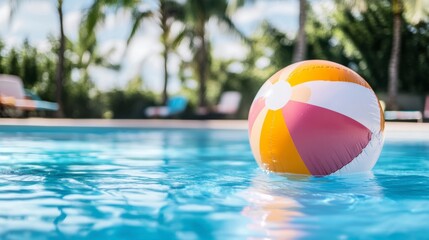 Inflatable beach ball in swimming pool, tropical setting. Possible use Summer vacation, travel imagery