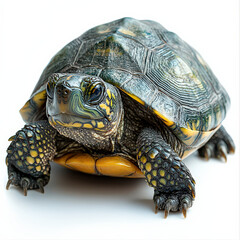 Obraz premium detailed turtle with textured shell and intricate patterns on white background. turtle full body is visible, showcasing its unique markings and natural colors