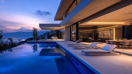 Fototapeta premium Luxury Villa with Infinity Pool Overlooking Mountain Landscape at Dusk