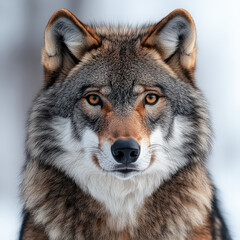 Fototapeta premium wolf with intense gaze stands against white background, showcasing its striking fur and piercing eyes. close up captures wild beauty and strength of this majestic animal