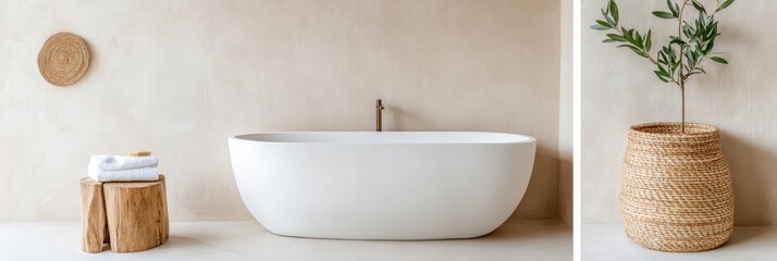 Modern Bathroom Design with Freestanding Tub and Natural Decor - Stylish bathroom featuring a freestanding bathtub, wooden stool, woven basket