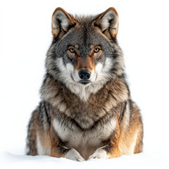 Fototapeta premium wolf with intense gaze is isolated on white background, showcasing its majestic fur and piercing eyes. wolf posture is calm yet powerful, highlighting its natural beauty and strength
