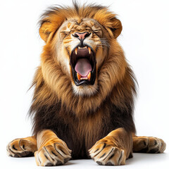 Fototapeta premium majestic lion with wide open mouth yawns, showcasing its impressive teeth against white background