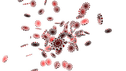 Flying red casino chips, casino chips in zero gravity on transparent png background.